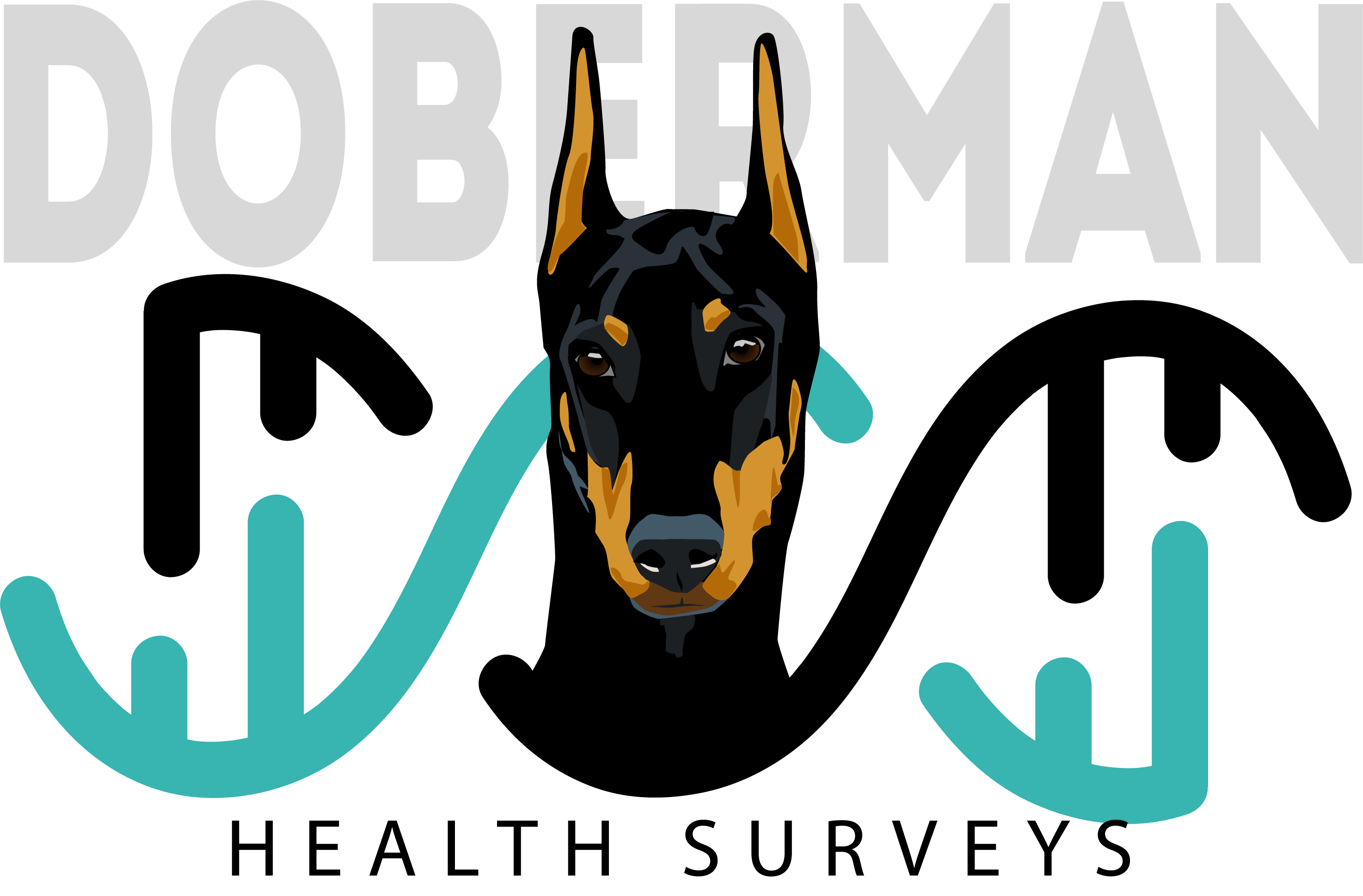 Doberman Health Survey: Age, Sex, and Cause of Death 2010-2020, logo of Doberman head over DNA strand.
